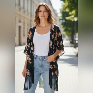 Torrid Black Sheer Kimono with Pink and White Floral Size 3